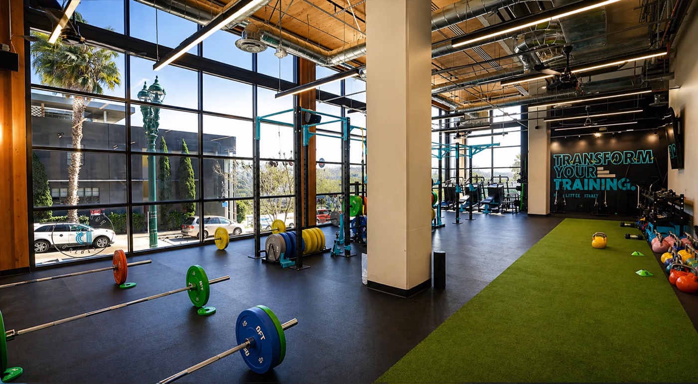 Body Fit Training franchise gym with linear LED pendant lighting, a turf lane and floor-to-ceiling windows