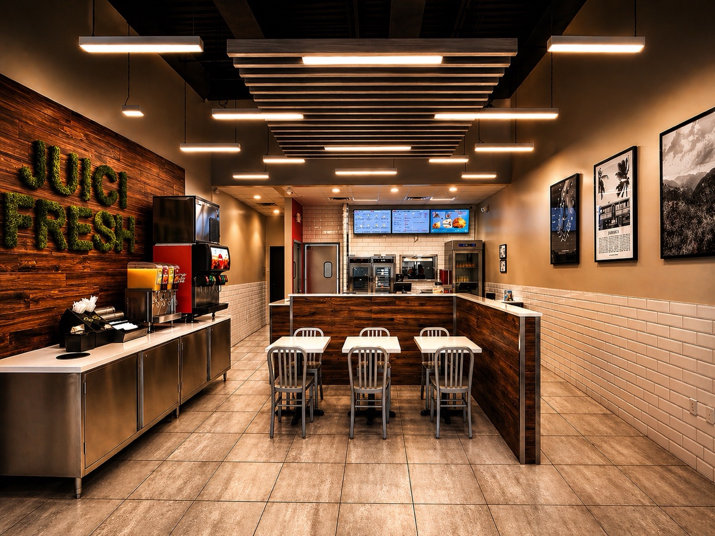 Juici Patties restaurant franchise with linear slat ceiling lighting over the counter and dining area