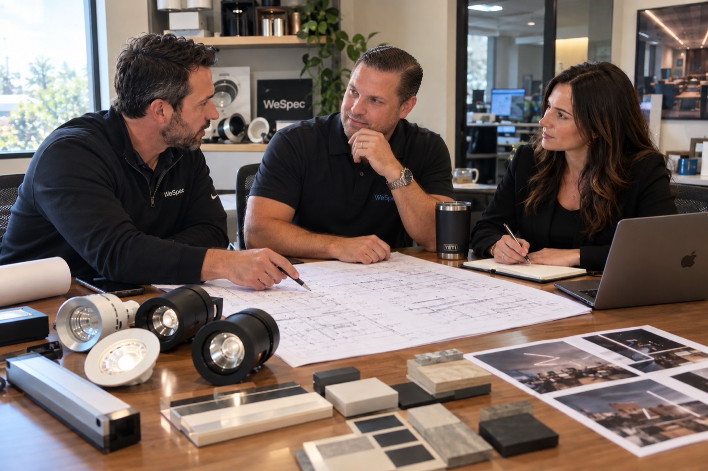 WeSpec Lighting team reviewing franchise floor plans and lighting fixture samples in the Laguna Niguel office