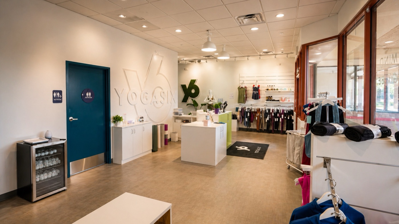 Yoga Six franchise lobby and retail area with recessed downlights and a pendant light